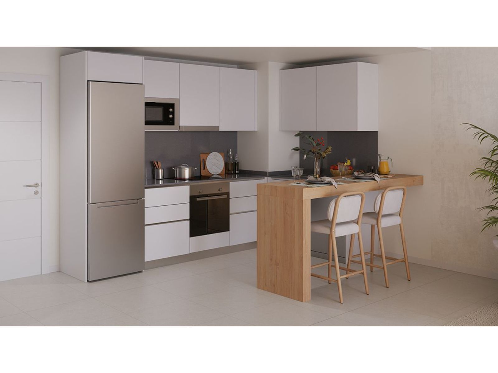 Moderne keuken met ontbijtbar en witte kasten