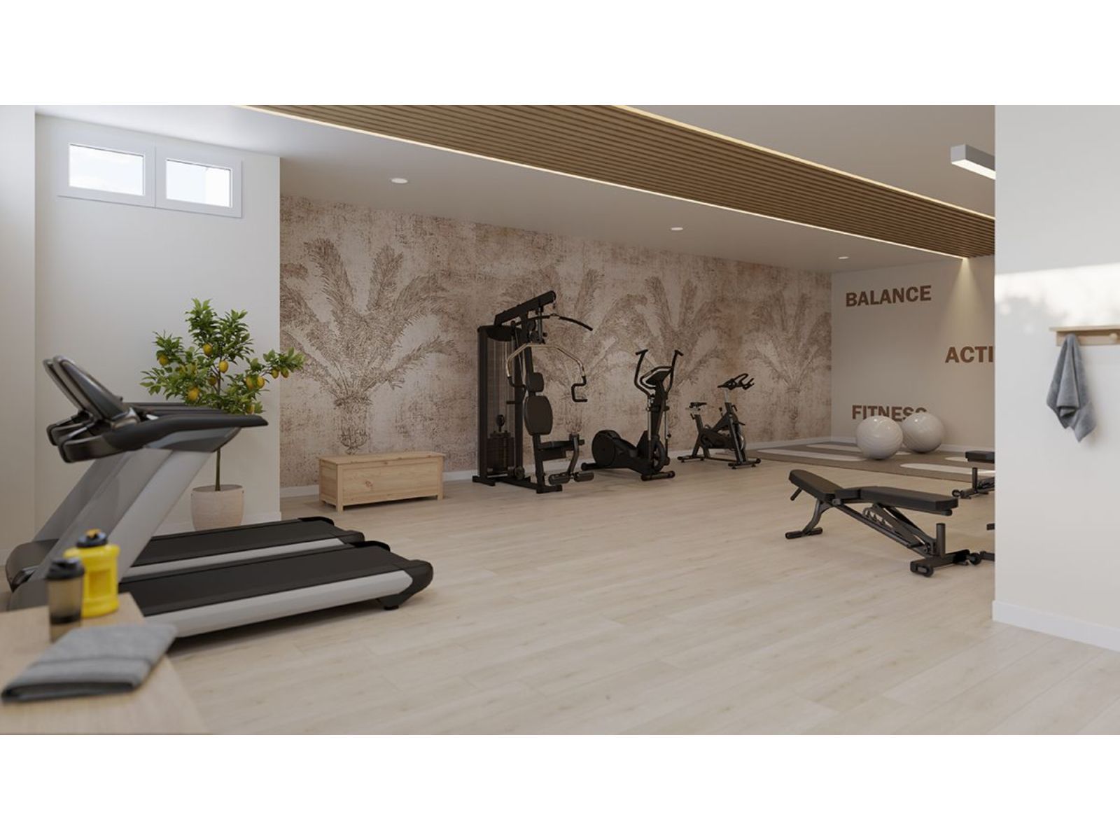 Moderne thuisgymnastiek met fitnessapparatuur