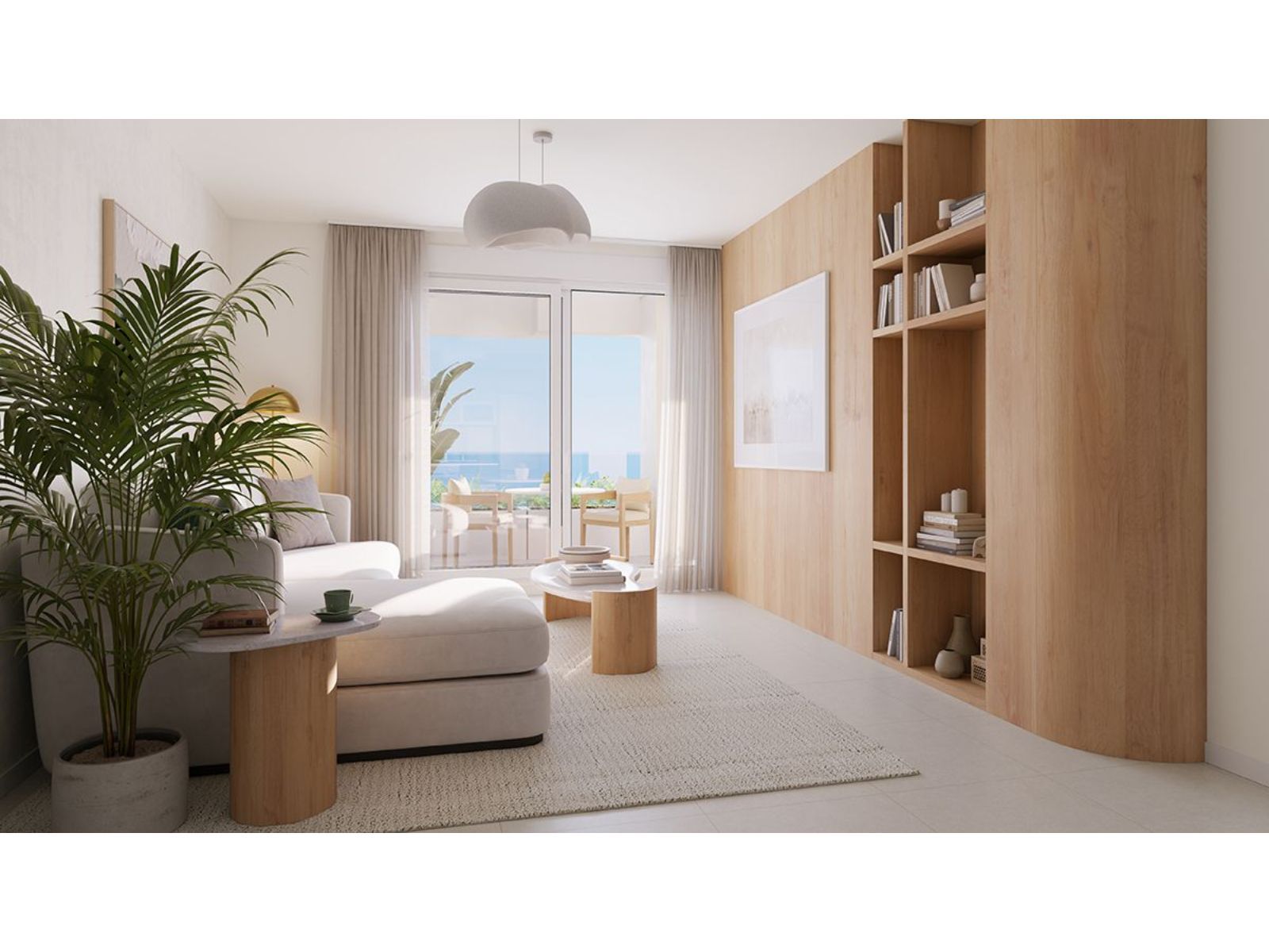 Moderne woonkamer met balkon en uitzicht